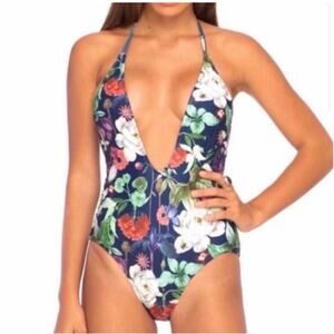 $80 NWT Motel sunny day botanical navy deep V one piece swimsuit sz large